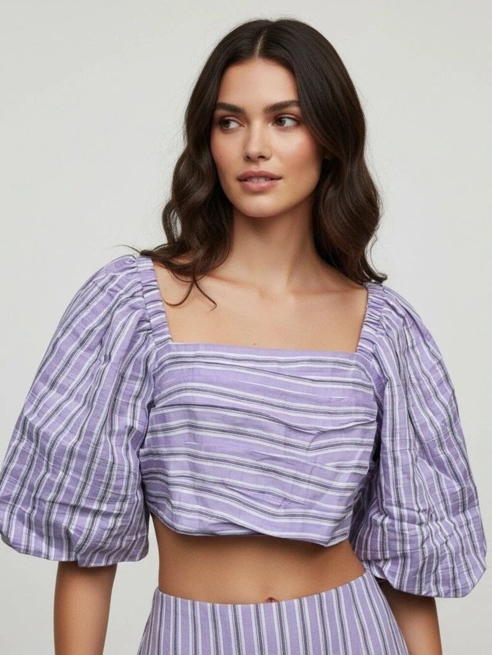 SANDRO Paris Cropped Blonvilla Striped Pouf Sleeve Pleated Purple Lilas Noir Top